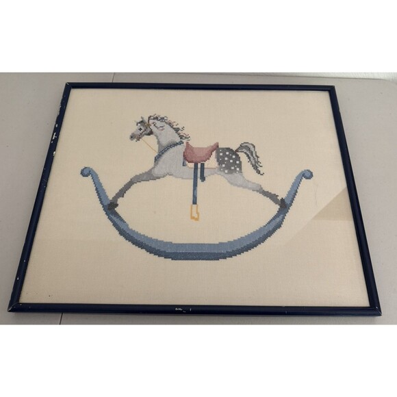 Rocking Horse Cross Stitch Nursery Room Wall Art  Blue Pink Framed 20"x16" Flaws - Picture 1 of 10